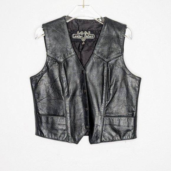 Vintage Jackets & Blazers - Leather Gallery Vintage Black V-Neck Leather Vest Snap Close Pockets Lined